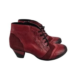 Remonte Rieker Red Leather Floral Embossed Lace Up Zip Ankle Boots Size 40
